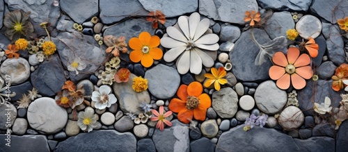 The rock wall is adorned with a beautiful patchwork of stones and concrete, featuring mosaic and floral decorations. Various flowers and leaves add color and texture to the rugged surface, creating a