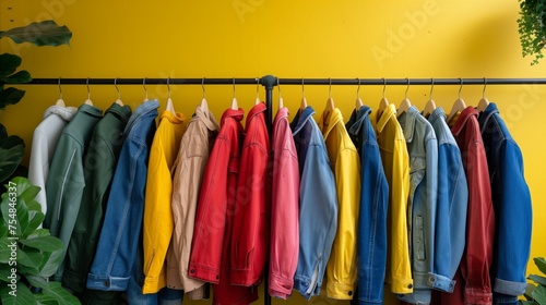Assorted shirts hanging on yellow wall
