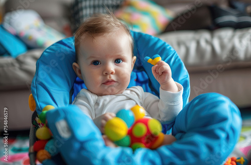 Cute baby in blue bonnet on grey baby rocking chair with toy