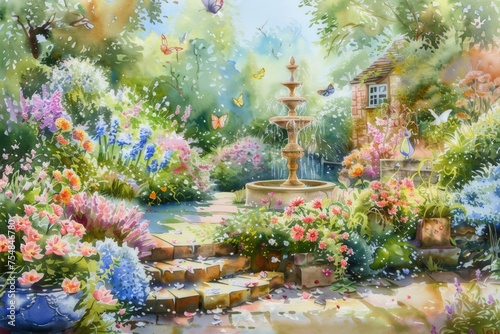 A charming watercolor image of an English cottage garden. Contains various types of flowers. quaint fountain and fluttering butterflies