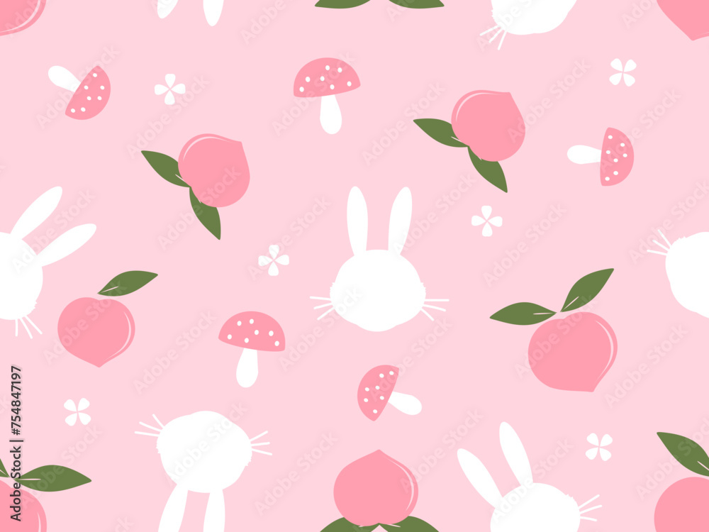 Seamless pattern with peach fruit, green leaf, bunny rabbit cartoon and white flower on pink background vector.