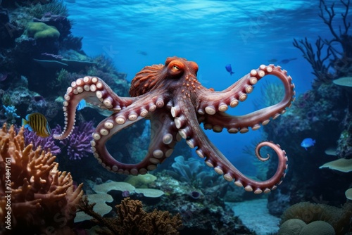Colorful Octopus underwater reef. Marine wild. Generate Ai © juliars