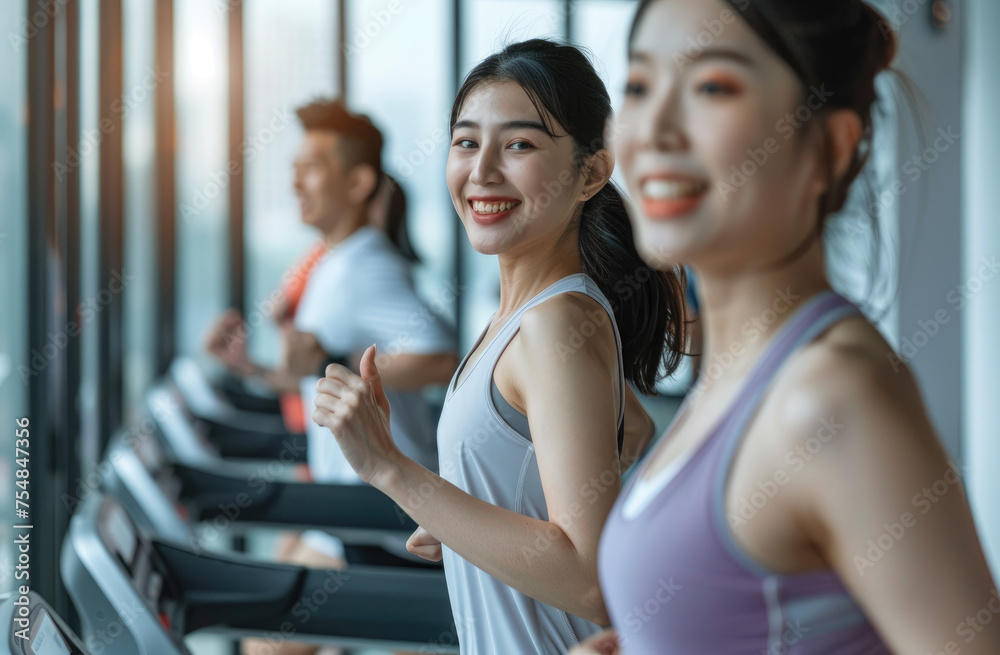 A group of asian people were running on the treadmill in a fitness club, wearing sportswear and smiling at the camera