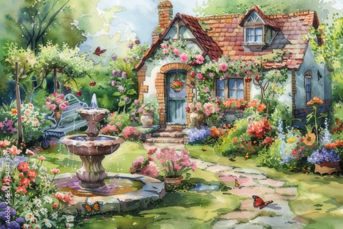 A charming watercolor image of an English cottage garden. Contains various types of flowers. quaint fountain and fluttering butterflies