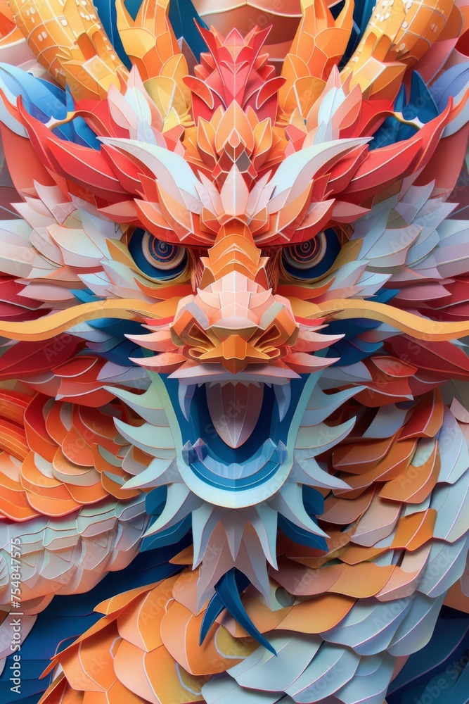 Intricately folded colorful paper forming a vibrant 3D dragon sculpture, showcasing artistic craftsmanship and creativity.