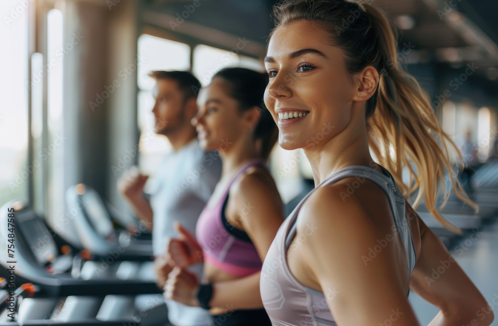 A group of people were running on the treadmill in a fitness club, wearing sportswear and smiling at the camera