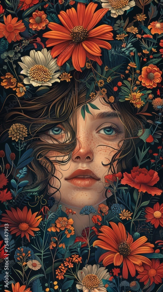 Floral Portrait of Woman Surrounded by Nature blending natural beauty with surreal artistry