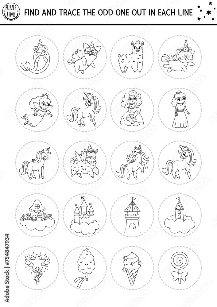 Find the odd one out. Unicorn black and white logical activity for kids. Fantasy or magic world quiz, worksheet or coloring page. Printable fairytale game with fairy, mermaid, narval, castle.