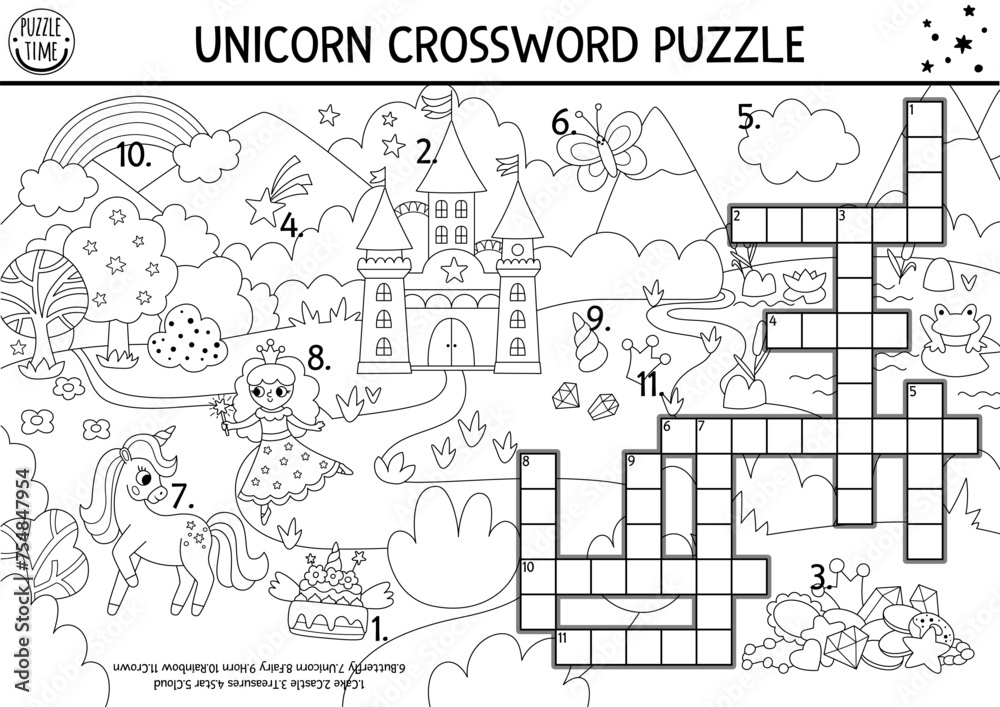 Vector black and white unicorn crossword puzzle for kids. Line quiz with fantasy country landscape for children. Educational activity with castle, rainbow, fairy. Magic cross word coloring page.