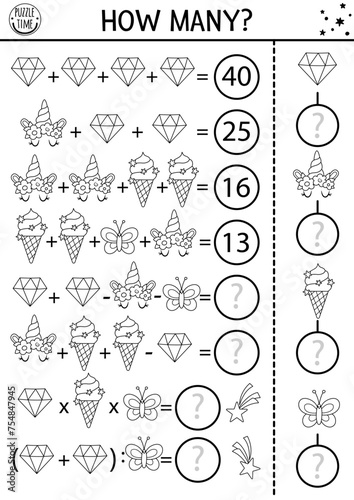Fairytale black and white how many crystals game, equation or rebus. Unicorn line math activity. Magic world printable counting worksheet or coloring page for kids with ice cream, butterfly, horn.