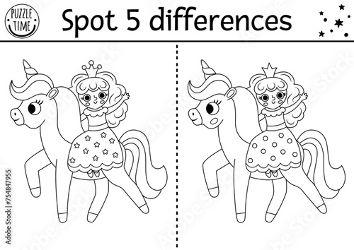 Unicorn black and white find differences game for children. Fairytale activity with fairy girl riding horse. Cute puzzle for kids with fantasy character. Printable worksheet or coloring page.