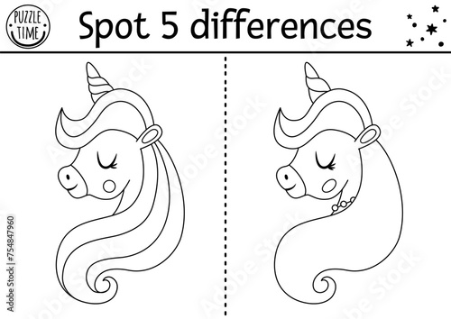 Black and white find differences game for children. Fairytale line educational activity with unicorn head. Cute puzzle for kids with funny fantasy character. Printable worksheet or coloring page.