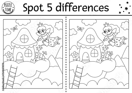 Unicorn black and white find differences game. Fairytale line educational activity with house on cloud and fairy girl watering flowers. Cute puzzle or coloring page for kids with fantasy character.