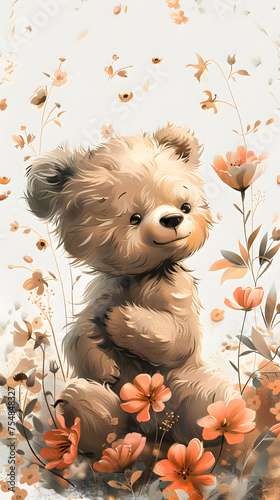 A toy teddy bear sits among colorful flowers in the field © Nadtochiy