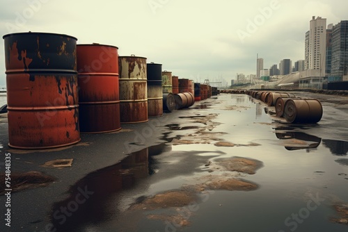 Cylindrical Oil barrels metal row. Ecology hazard. Generate AI