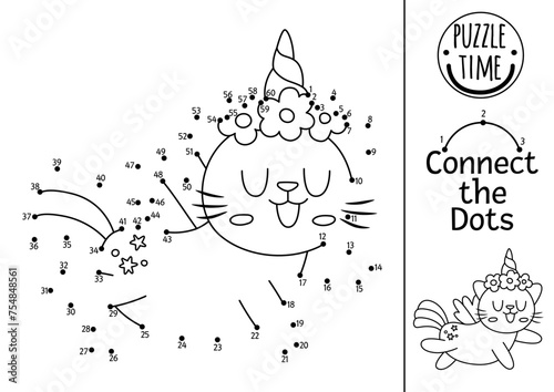 Vector dot-to-dot and color activity with unicorn cat. Fairytale connect the dots game for children with cute fantasy animal. Magic world coloring page for kids. Printable worksheet with kitten.