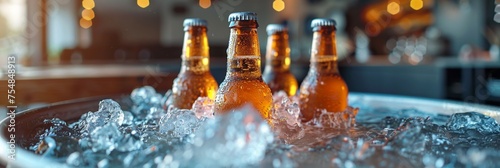 A home party setup with a bucket of chilled beer bottles, ice, and refreshing beverages. photo
