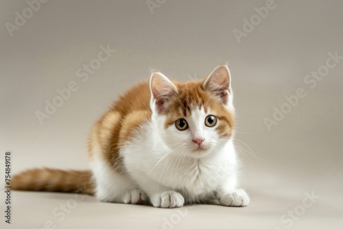 Adorable munchkin cat with short legs sitting on a light background © Veniamin Kraskov