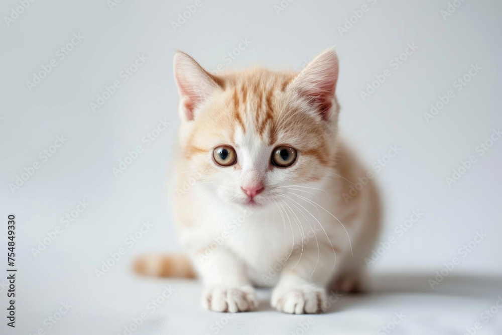 Adorable munchkin cat with short legs sitting on a light background