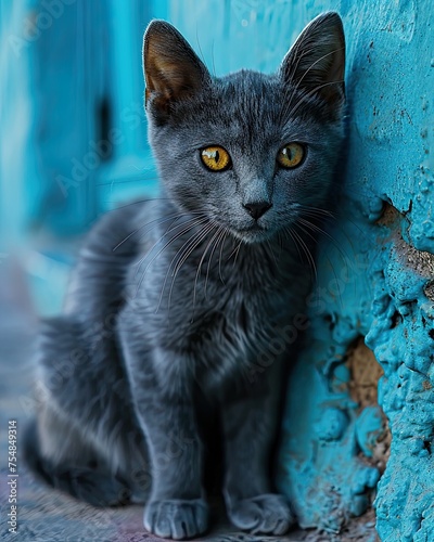 Grey cute cat with yellow eyes on the background of a blue wall © neirfy