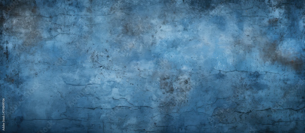 A weathered blue cement wall stands prominently against a deep black backdrop, creating a striking contrast in textures and colors.