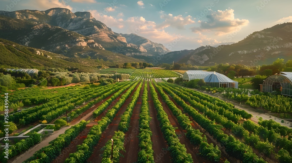 Aerial view of a sustainable farm, with green and healthy crops