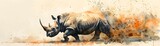 Black Rhino Charging in Watercolor with Dust and Fire, To convey a sense of raw power and motion in a unique and artistic way, suitable for a variety