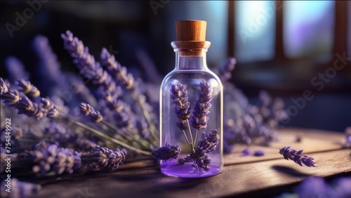 Lavender oil with sprigs of lavender inside a bubble.