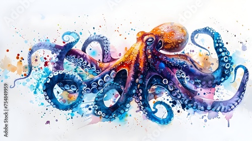 Watercolor Painting of an Octopus with Swirling Tentacles, To evoke a sense of mystery and wonder, and to showcase the beauty of marine life through