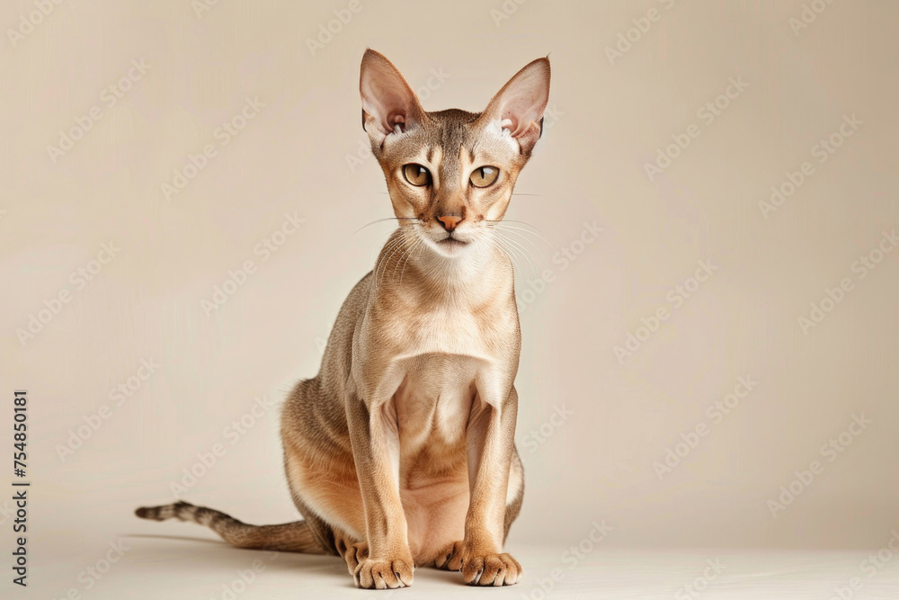 A striking oriental cat with large ears and almond-shaped eyes sits gracefully on a light background