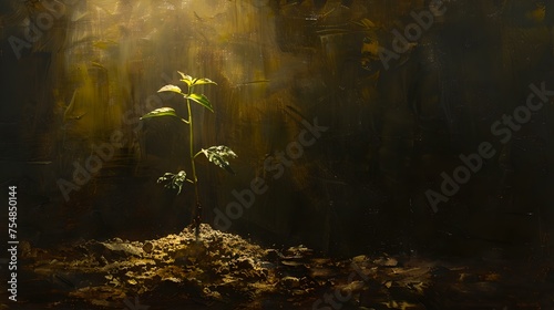 Lone sapling emerge in sunbeam, dark forest, symbol of hope and growth. artistic nature representation. AI © Irina Ukrainets