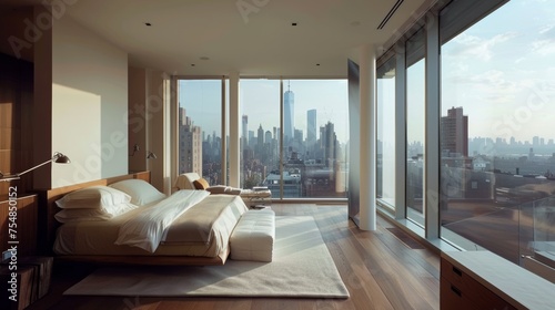 City Skyline View from Minimalist Bedroom Interior Concept