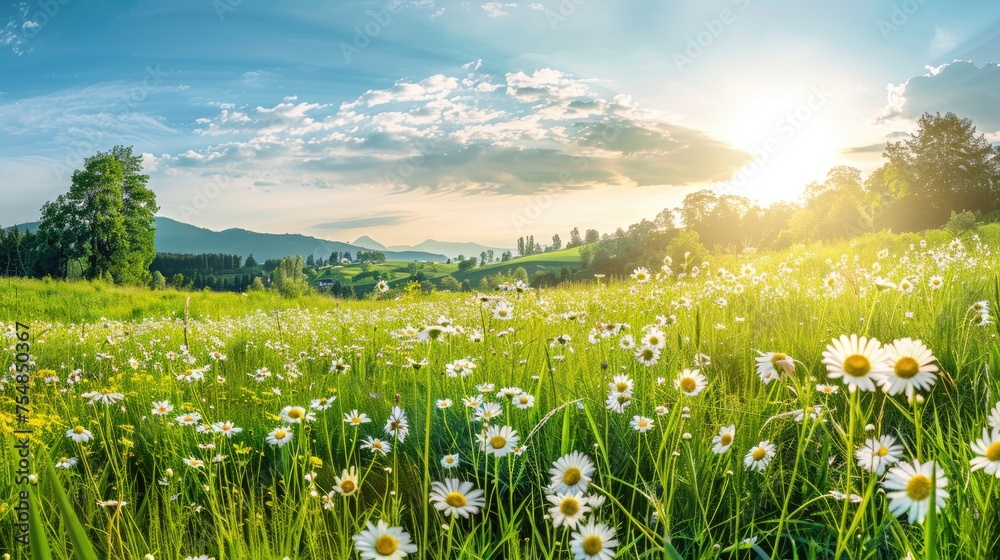 Beautiful spring and summer natural panoramic pastoral landscape with blooming field of daisies in the grass in the hilly countryside. Beautiful spring and summer natural panoramic pastoral landscape with blooming field of daisies in the grass in the hilly countryside.