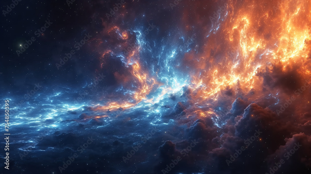 Dramatic scene where fiery and icy elements meet in a space. Dramatic scene where fiery and icy elements meet in a space.