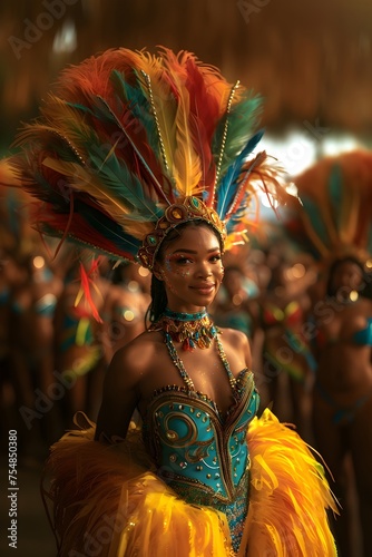 Mulatto woman disguised in typical Brazilian carnival attire, enjoying the carnival party