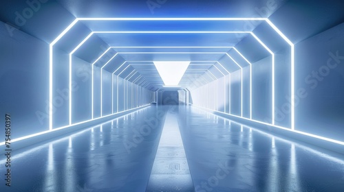 Blue white background, 3D room, light, abstract space technology, tunnel stage floor Futuristic Empty White 3D 