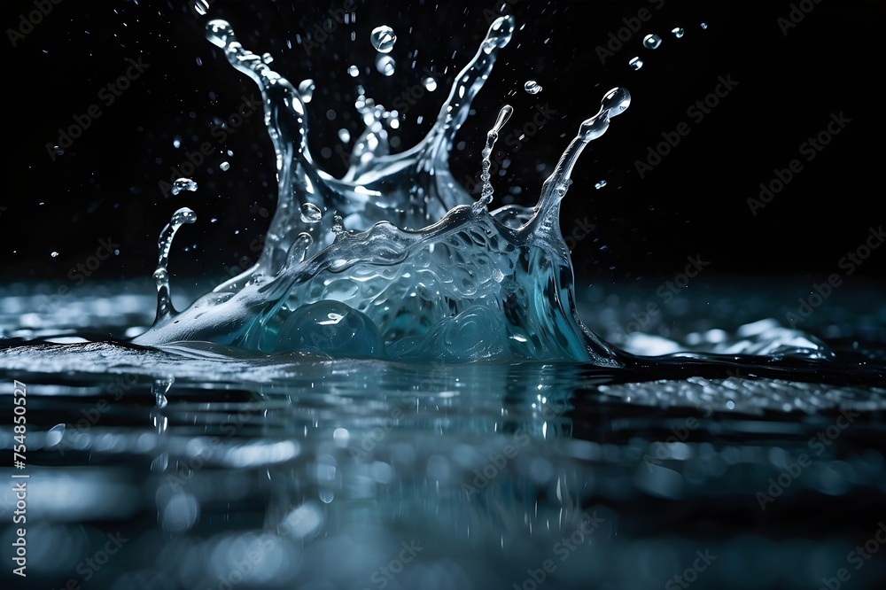 Close-up of a sparkling, clear water splash isolated on a translucent backdrop and preserved in an abstract, futuristic 3D texture. Blue water splash isolated on black background. close-up of air Close-up of a sparkling, clear water splash isolated on a translucent backdrop and preserved in an abstract, futuristic 3D texture. Blue water splash isolated on black background. close-up of air