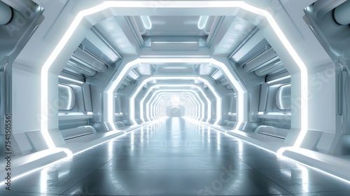 Blue white background, 3D room, light, abstract space technology, tunnel stage floor Futuristic 