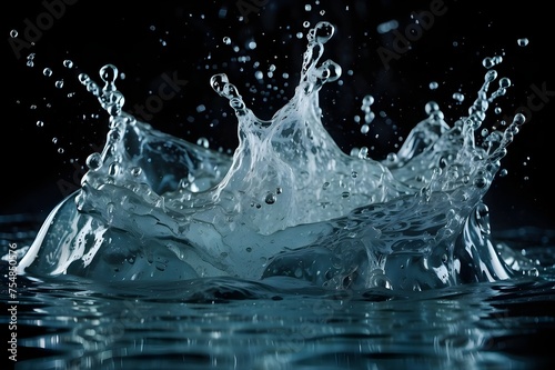 Close-up of a sparkling, clear water splash isolated on a translucent backdrop and preserved in an abstract, futuristic 3D texture. Blue water splash isolated on black background. close-up of air