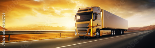 Panoramic view on large truck on a highway road through the countryside in a beautiful sunrise. Generative AI