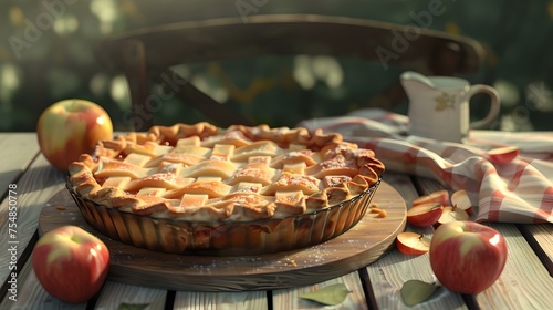 Homemade apple pie on rustic wooden table bathed in warm sunlight. freshly baked dessert ready to enjoy. countryside charm captured in delicious detail. AI photo