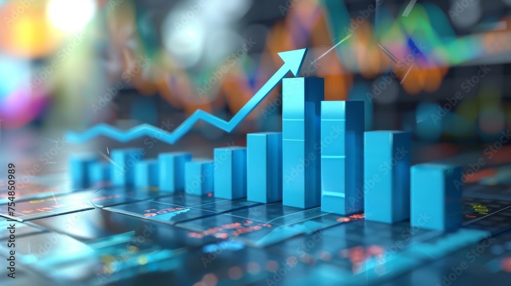 The 3d growth business graph on success financial represents profit and revenue growth, accompanied by a hovering arrow indicating positive market trends The 3d growth business graph on success financial represents profit and revenue growth, accompanied by a hovering arrow indicating positive market trends