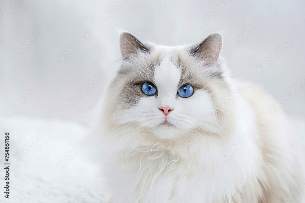 Fluffy ragdoll cat with blue eyes sitting on a light background