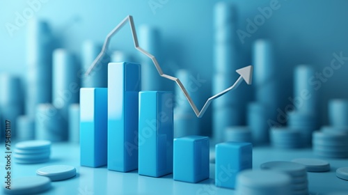 The 3d growth business graph on success financial represents profit and revenue growth, accompanied by a hovering arrow indicating positive market trends