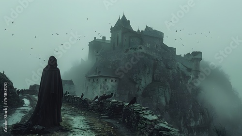 Person with his back turned in dark clothing in front of the ruins of a medieval castle surrounded by black crows