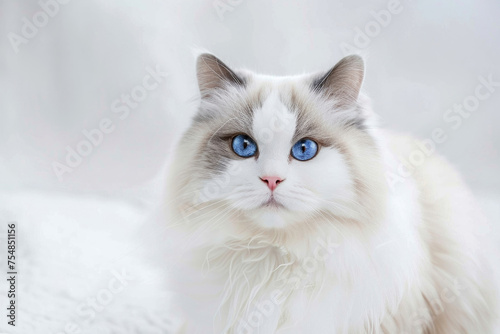 Fluffy ragdoll cat with blue eyes sitting on a light background © Veniamin Kraskov