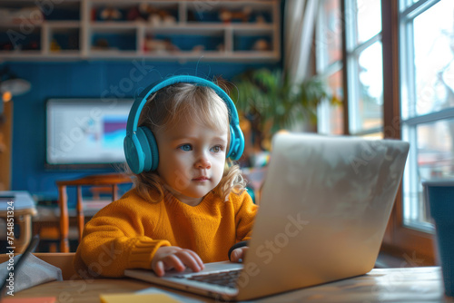 caucasian little girl in headphones using a laptop