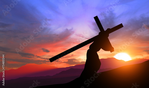 Crucifixion of Jesus Christ. Cross at sunset. 3d illustration