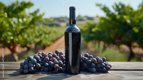Commercial photograph of a bottle of red wine with grapes around it in a vineyard. Image of the wine industry
