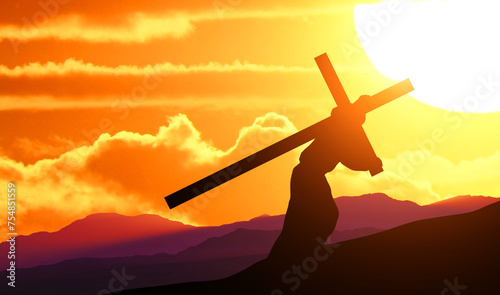 Crucifixion of Jesus Christ. Cross at sunset. 3d illustration